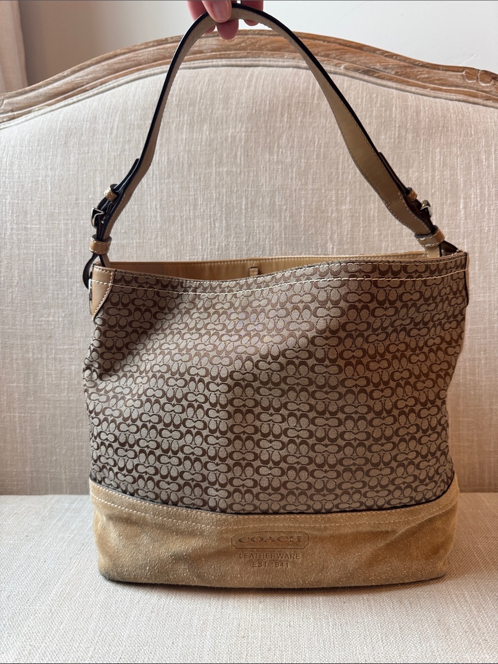 Coach Brown Signature Canvas Hobo with Tan Suede Trim